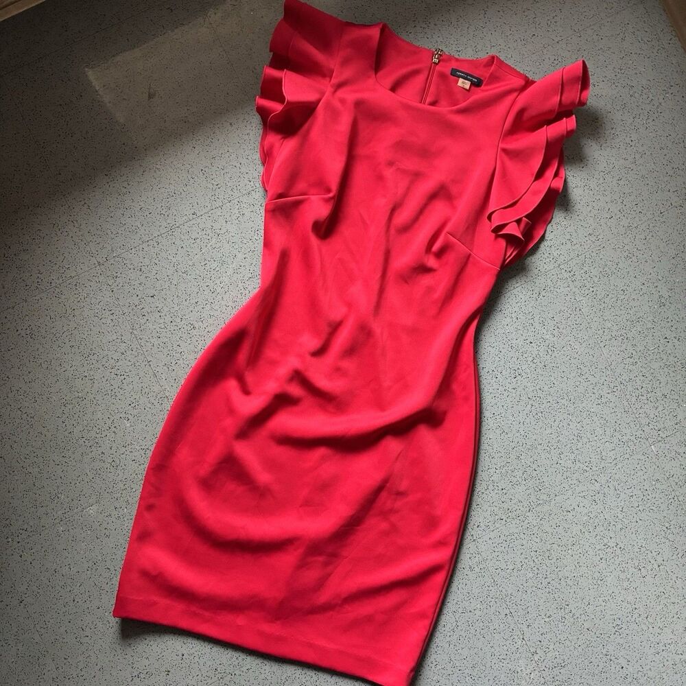Tommy Hilfiger Scarlett Red Sheath Dress 6 Flutter Sleeve Crew Neck Knee Length